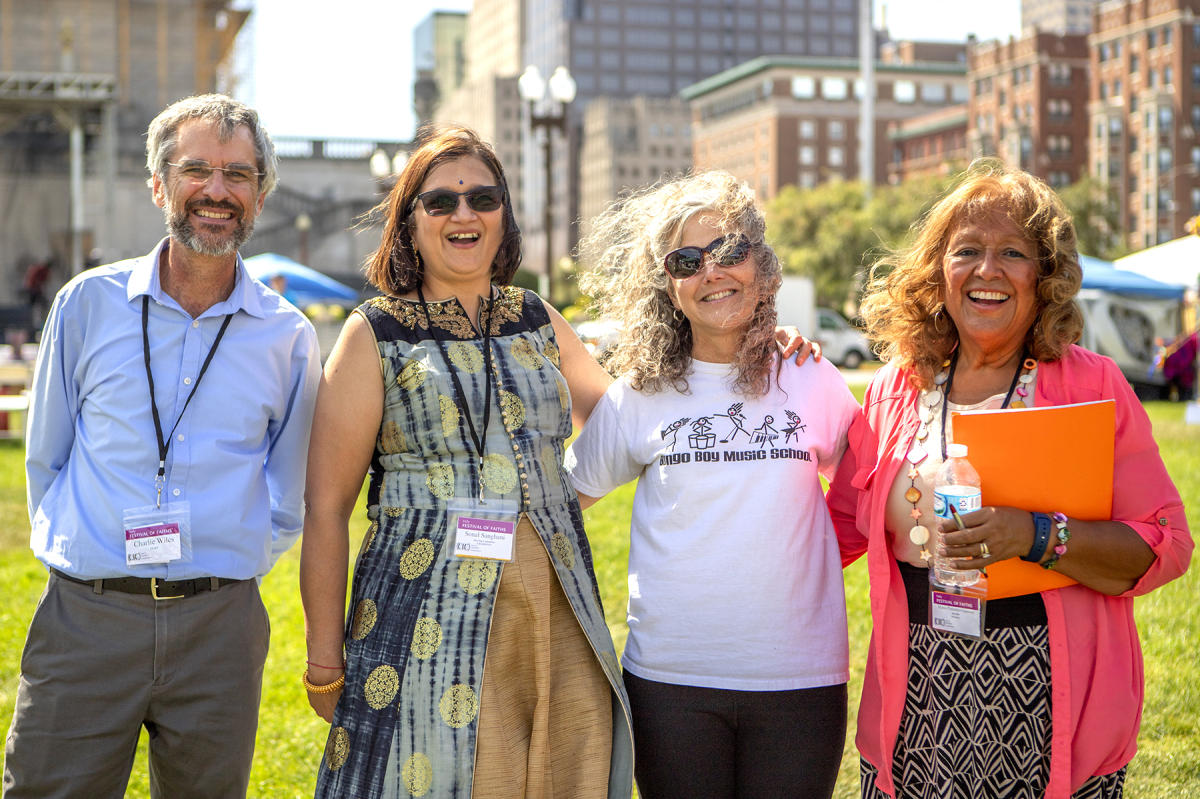 CIC Director Charlie Wiles with Sonal Sanghani, Lisa Colleen, Bongo leader and Maria Pimental Gannon : Festival of Faith, Back in Person! 2022. Military Park Downtown, Indianapolis, September 18, 2022! And Festival of Faith Pre-Pandemic 2019! : BILL FOLEY 