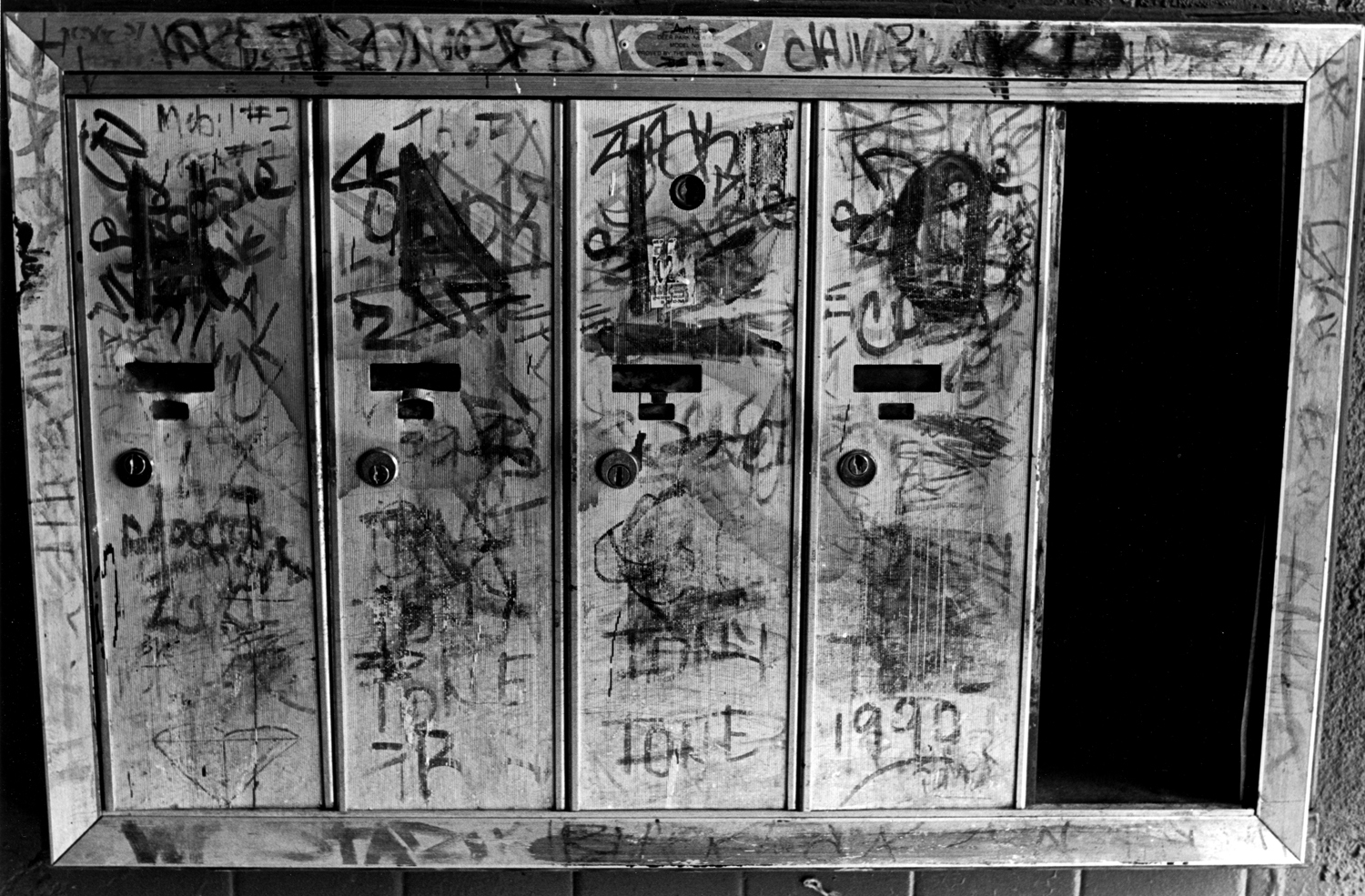 Mailboxes before renovations. : Carmel Hill Harlem NYC 1995-2000 : BILL FOLEY 