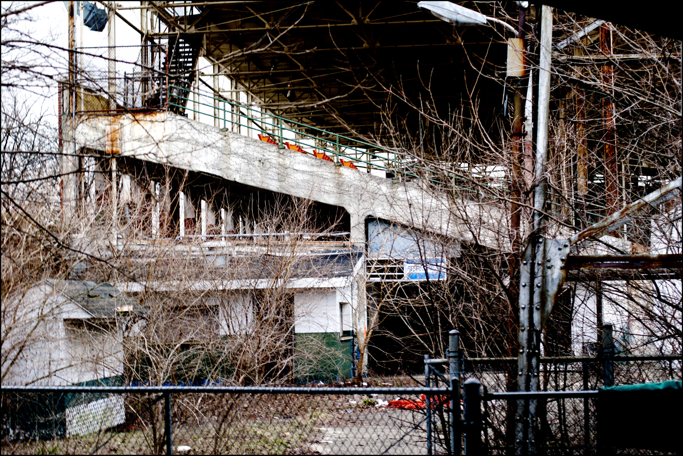 Behind the playing field, trees and bushes grow. : Bush Stadium 2012 : BILL FOLEY 