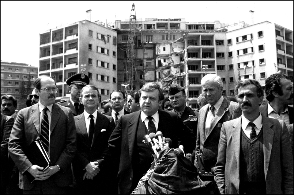 US Diplomat Lawrence Eagleburger speaks to reporters in front of destroyed US Embassy April, 1983 : USMC in Beirut 1982-1983 : BILL FOLEY 