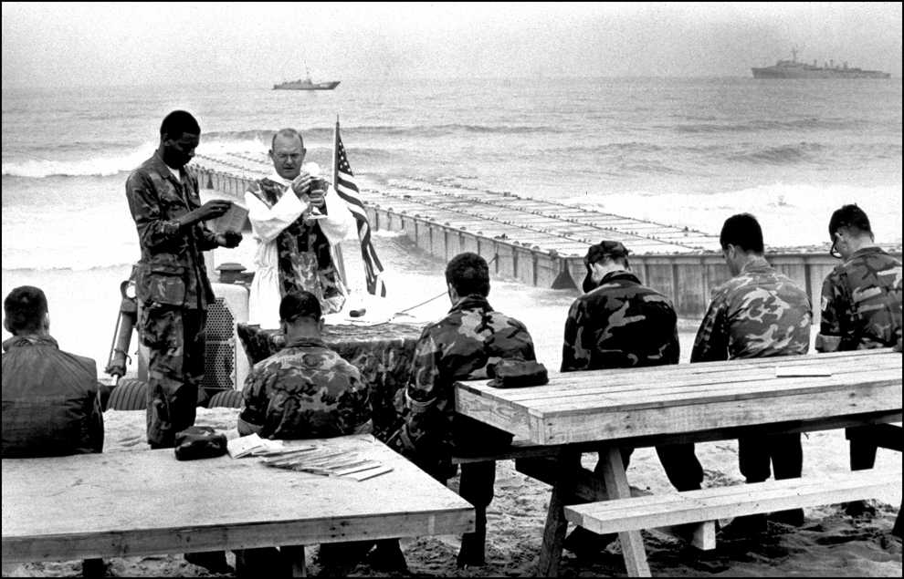 US Marine chaplain celebrates mass for Marines on "green beach", 1983. : USMC in Beirut 1982-1983 : BILL FOLEY 