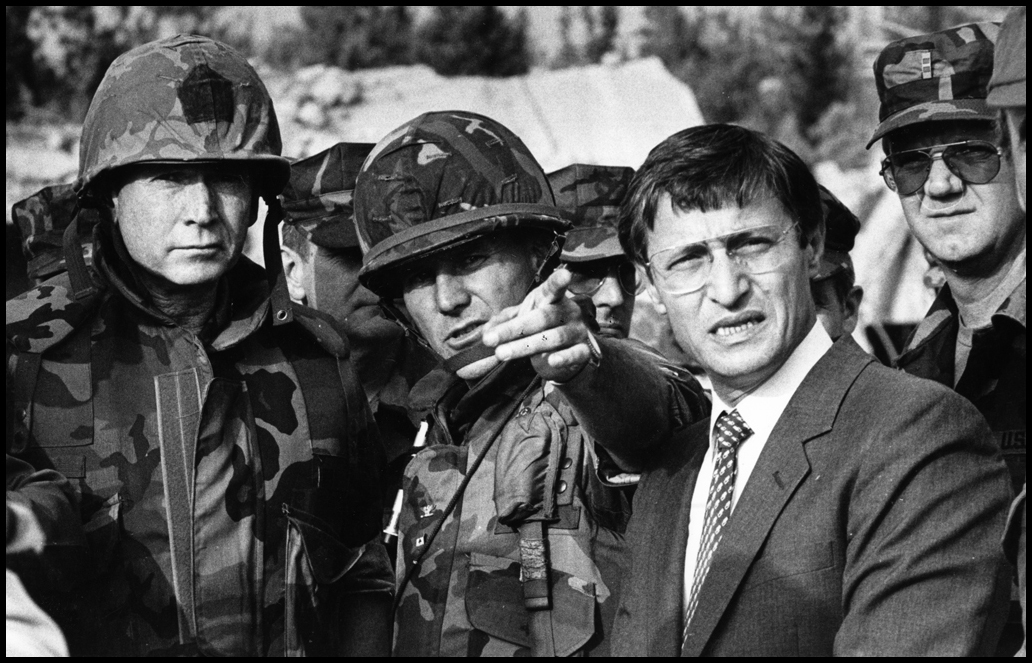 US Marine Commander Col. Timothy Geraghty points as Marine Commandant General P.X. Kelley and US Ambssador look at bomb site. : USMC in Beirut 1982-1983 : BILL FOLEY 