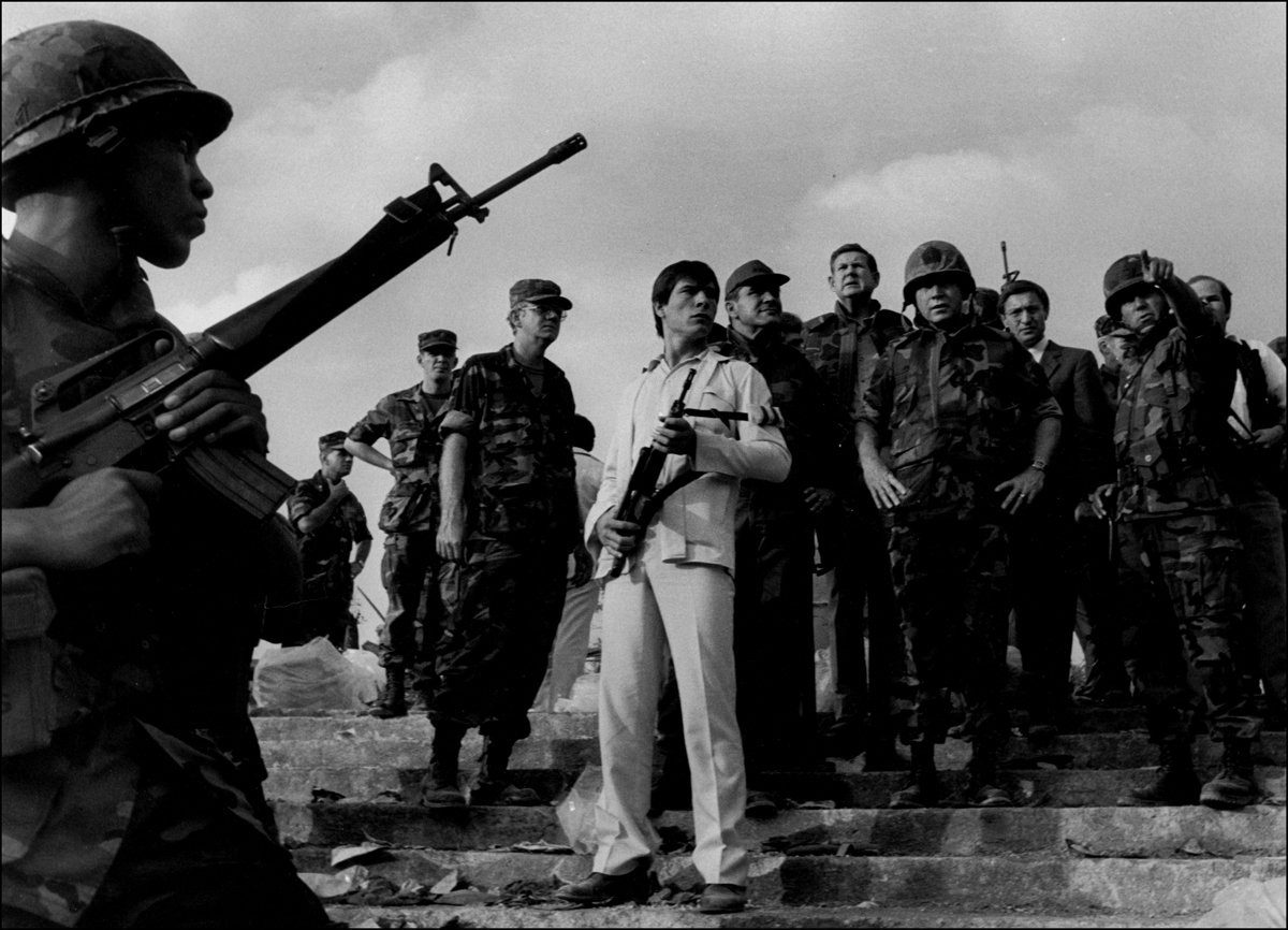 Security surrounds Marine Commandant 
P.X. Kelley during visit to destroyed Marine Base, Beirut airport, Oct. 1983. : USMC in Beirut 1982-1983 : BILL FOLEY 