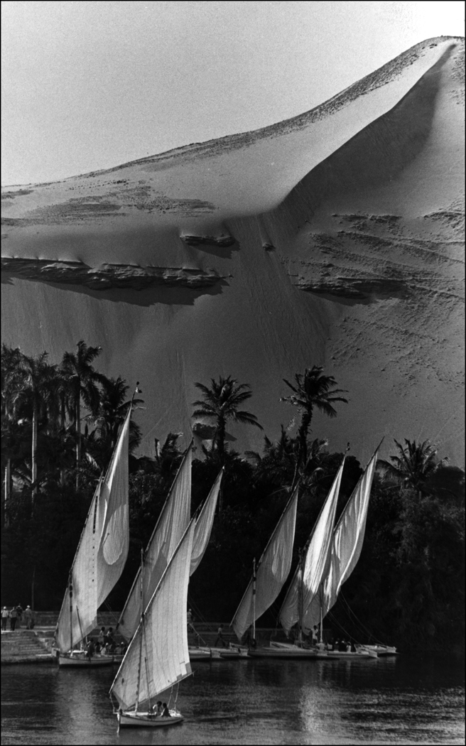 Fellucca's on the Nile River at Aswan, Egypt, desert looms in the background. : Egypt 1978-2018 : BILL FOLEY 