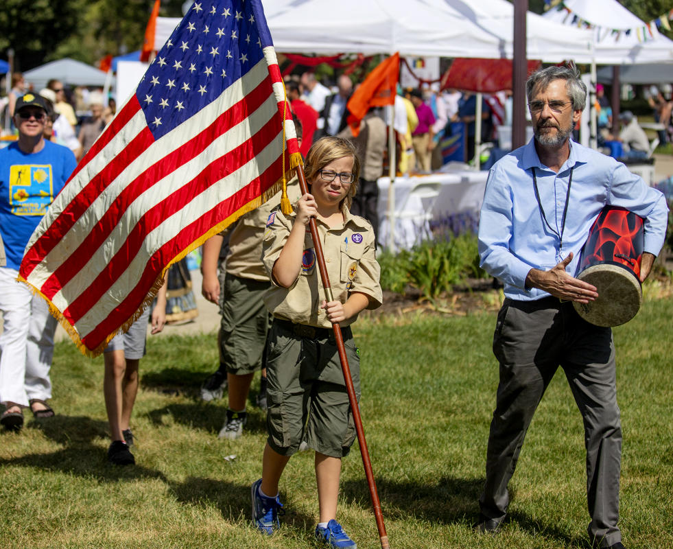 CIC Director Charlie Wiles leads with a bongo drum. : Festival of Faith, Back in Person! 2022. Military Park Downtown, Indianapolis, September 18, 2022! And Festival of Faith Pre-Pandemic 2019! : BILL FOLEY 