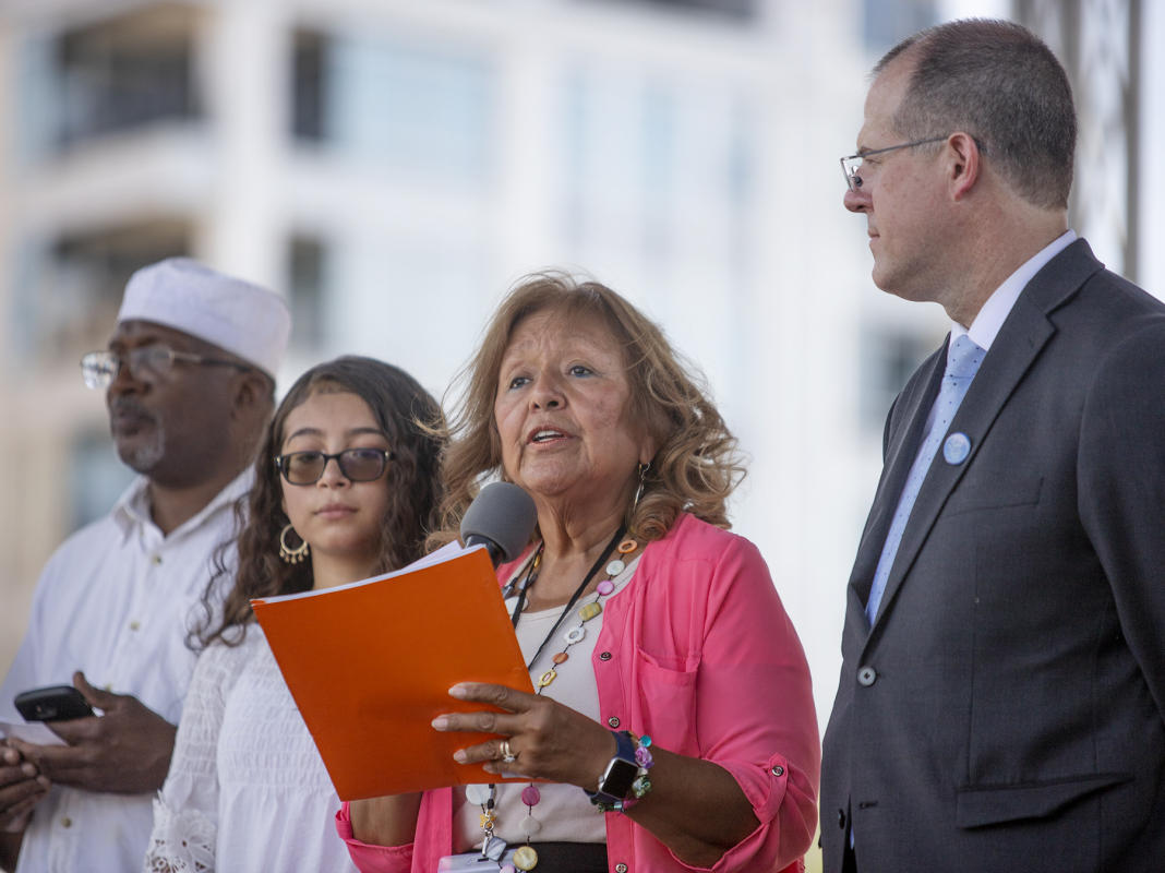 Maria Pimental Gannon reads opening prayer. : Festival of Faith, Back in Person! 2022. Military Park Downtown, Indianapolis, September 18, 2022! And Festival of Faith Pre-Pandemic 2019! : BILL FOLEY 