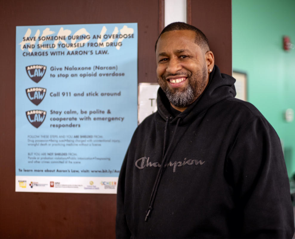 Aaron King, visiting Pace. He is with the board of health and teaches workshops on how to properly use Narcan to prevent overdose deaths. : FIX Heartbreak and Hope inside Indiana's opioid crisis-Portraits of Recovery : BILL FOLEY 