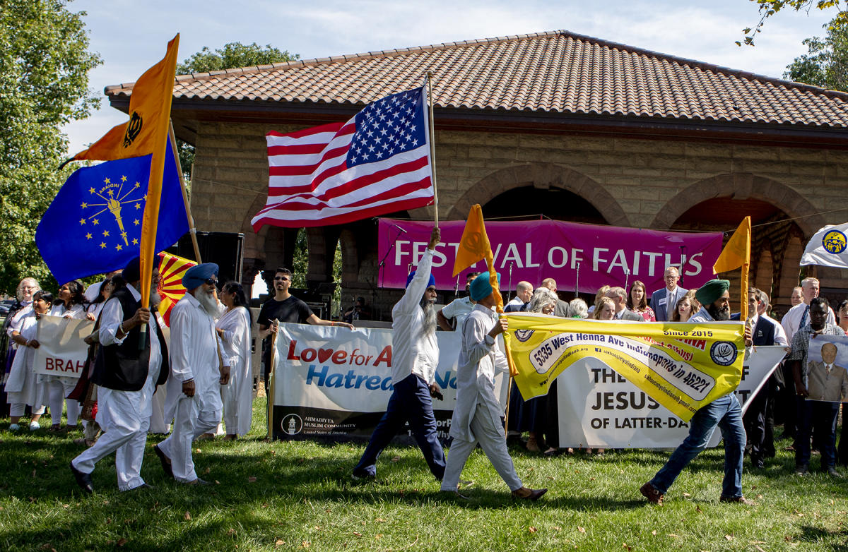 FOF Opening procession arrives at Military Park stage. : Festival of Faith, Back in Person! 2022. Military Park Downtown, Indianapolis, September 18, 2022! And Festival of Faith Pre-Pandemic 2019! : BILL FOLEY 
