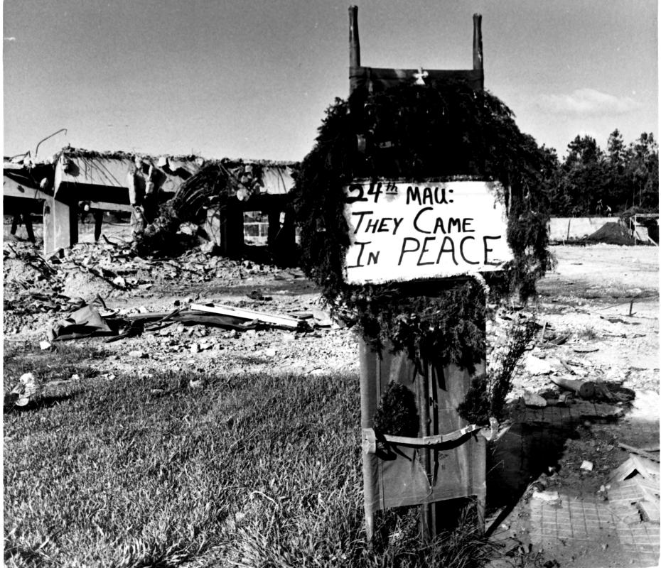 They Came in Peace, on a stretcher in front of the wreckage of the BLT. November, 1983. : 40 Years After Attack on US Marines : BILL FOLEY 